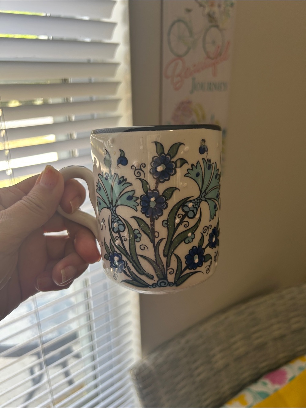 Blue Floral Ceramic Mug with Teal Accents